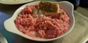 Cod with beetroot risotto